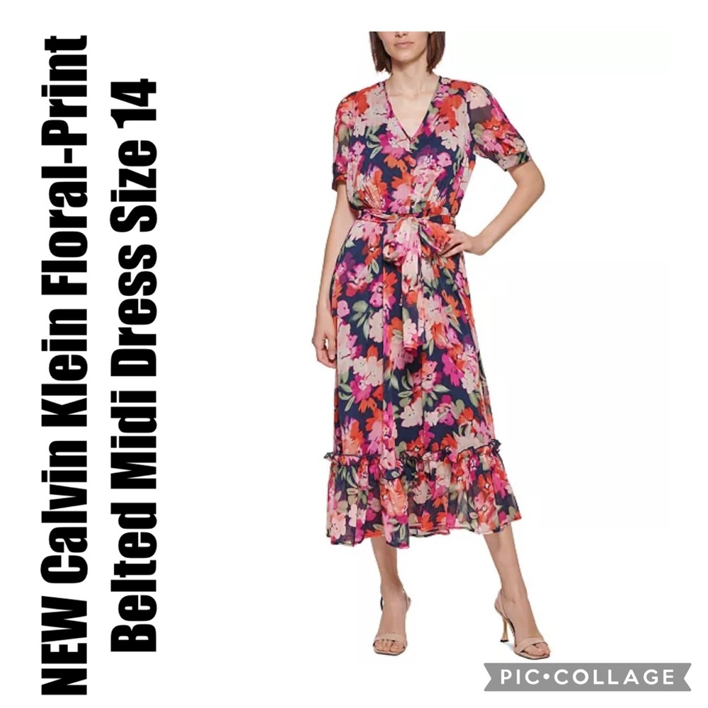 Calvin Klein Floral-Print Belted Midi Dress
